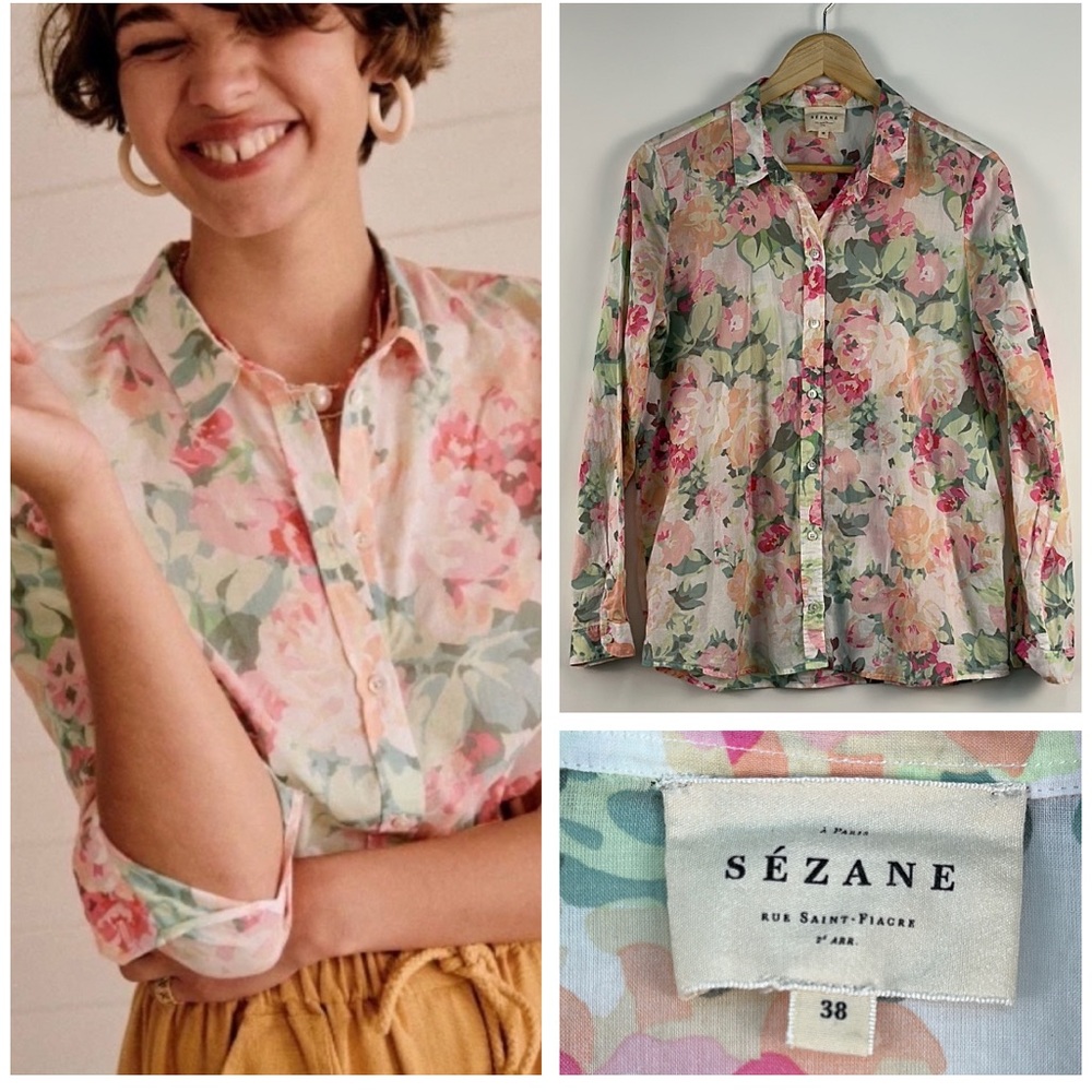 Sezane Pierro Floral Button-Up Blouse in Pink and Green - Picture 2 of 10
